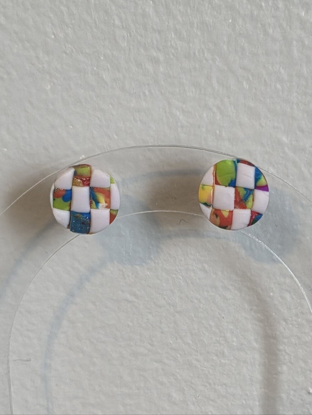Colorful Mosaic White Button Stud Earrings - Multicolor